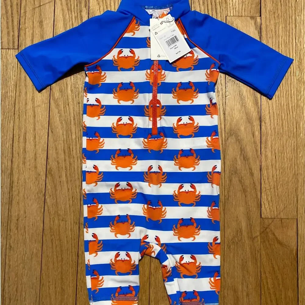 NWT Mini Boden Crab Rash Guard Sunsuit Blue Orange Swim One Piece Baby (3-6 M)
